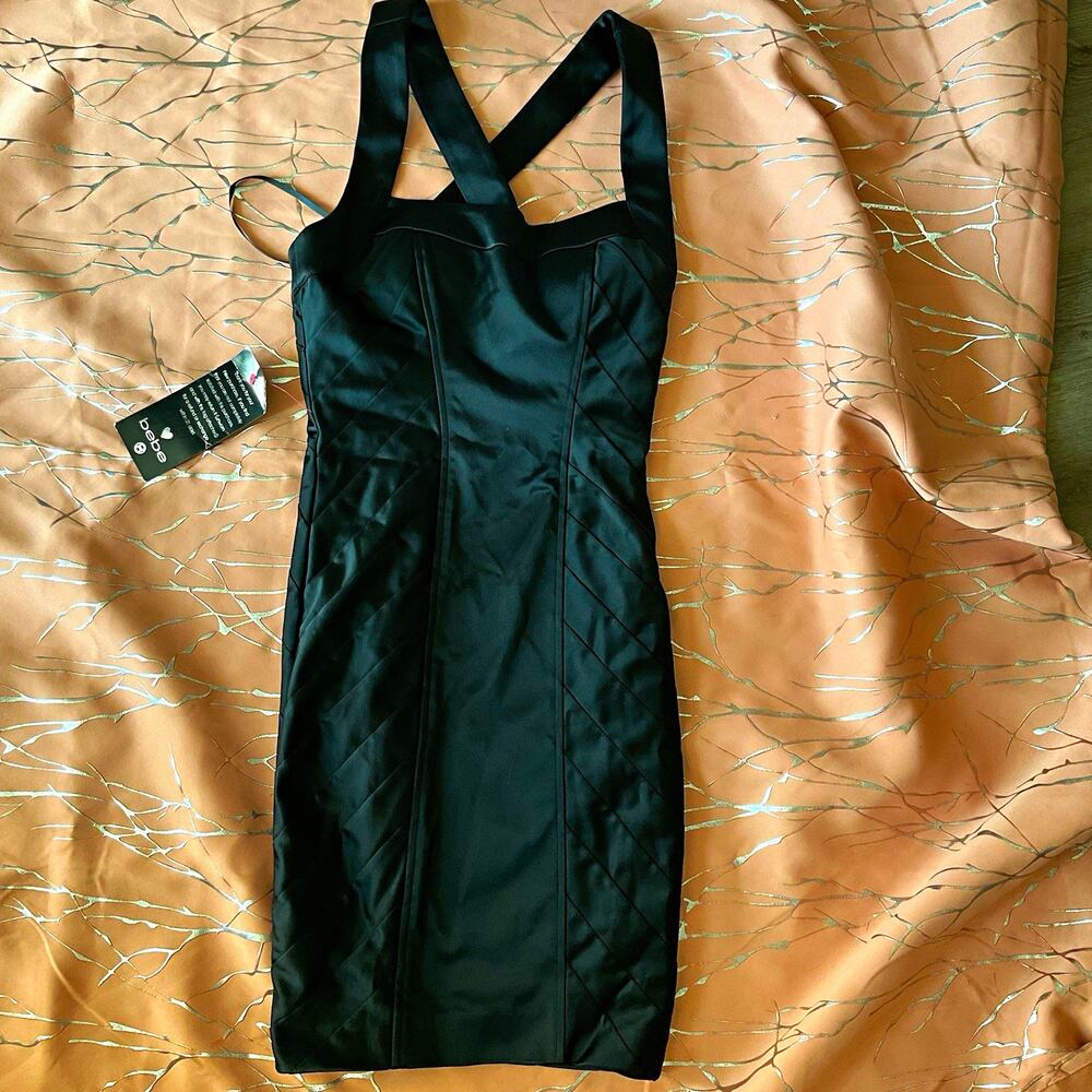 bebe Black Satin Sweetheart Neck Bodycon Strappy Mini Dress Zip XS